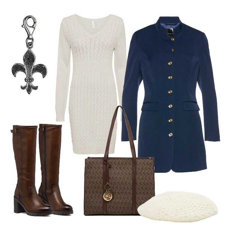 Outfit donna - Total look #1737565. Stile Casual chic per Ufficio. Abbinamento con vestiti, blazer, cappelli e berretti, stivali sopra il ginocchio, borse a spalla, ciondoli.