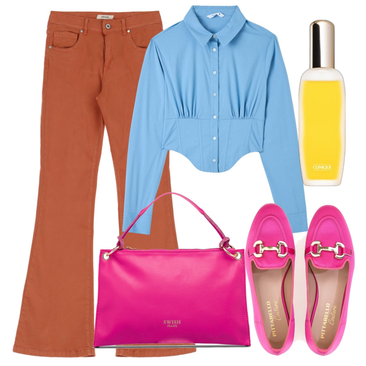 Outfit donna - La camicia perfetta. Stile Trendy per Tutti i giorni. Abbinamento con profumi, camicie, pantaloni, borse a mano, mocassini.