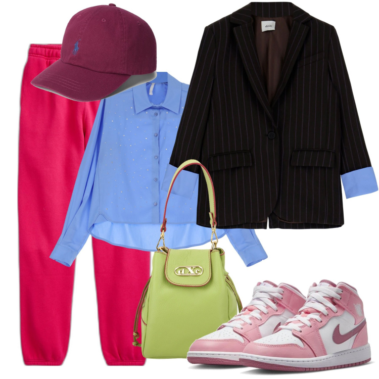 Outfit donna - Ottobre mite sportivo. Stile Casual chic per Tutti i giorni. Abbinamento con sneakers, camicie, borse a secchiello, cappotti, cappelli, pantaloni.