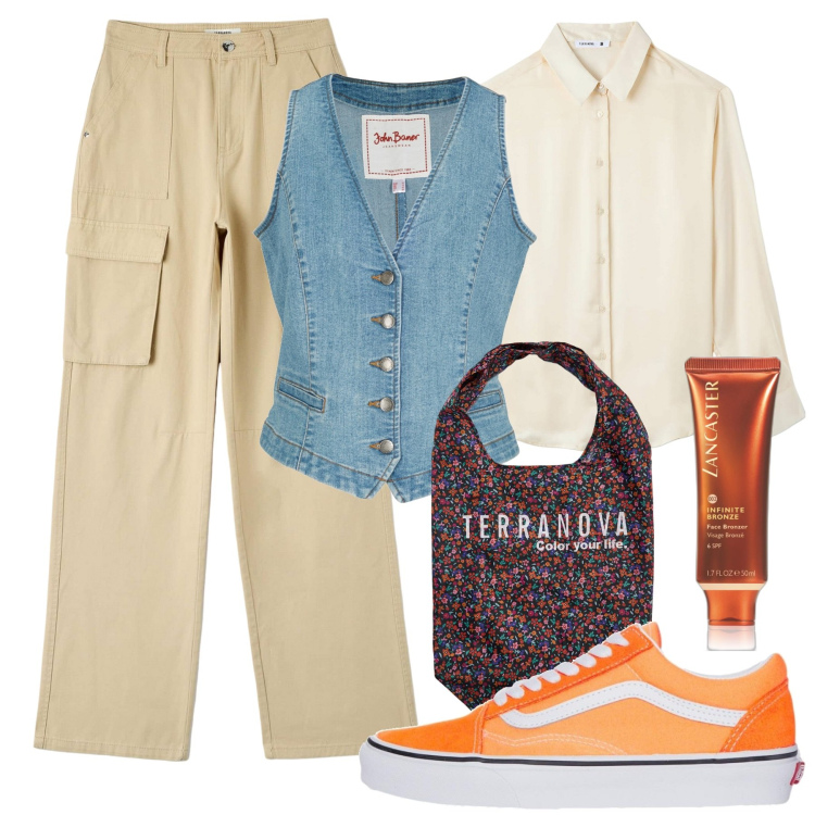 Outfit donna - Gilet in denim. Stile Casual chic per Tutti i giorni. Abbinamento con gilet, terre, pantaloni cargo, camicie, shopping bag, sneakers.
