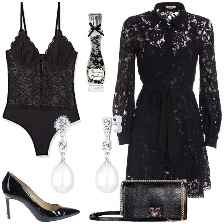 Outfit donna - Cena elegante. Stile Bon Ton per Serata fuori. Abbinamento con profumi, borse a tracolla, vestiti chemisier, décolleté, orecchini, body.