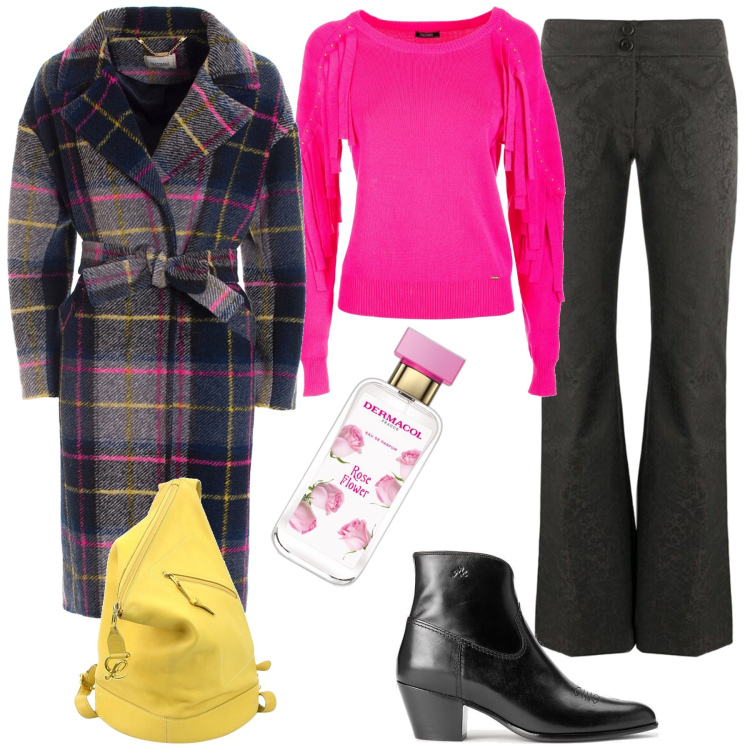 Outfit donna - Cappotto avvolgente. Stile Casual chic per Ufficio. Abbinamento con pantaloni, zaini, profumi, cappotti, maglieria, stivali.