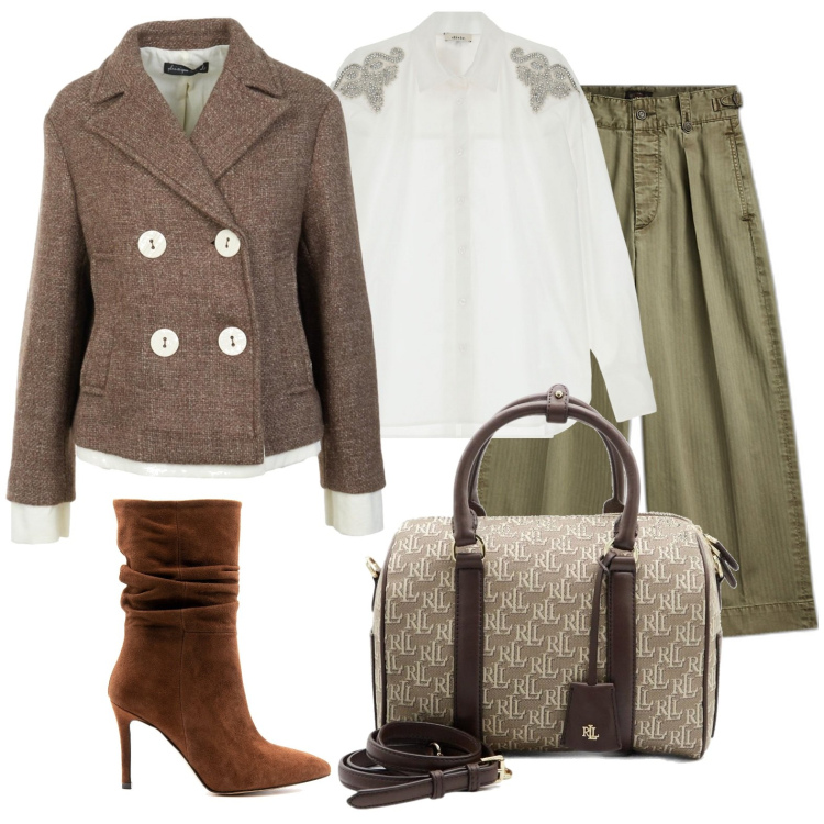 Outfit donna - Total look #1737698. Stile Chic per Serata fuori. Abbinamento con stivaletti, pantaloni, camicie, borse a mano, giacche.