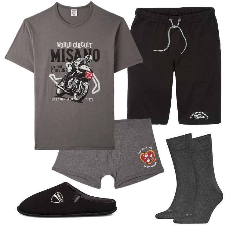 Outfit uomo - Total look #1737710. Stile Casual per Tutti i giorni. Abbinamento con bermuda, boxer, t-shirt, pantofole, calzini.