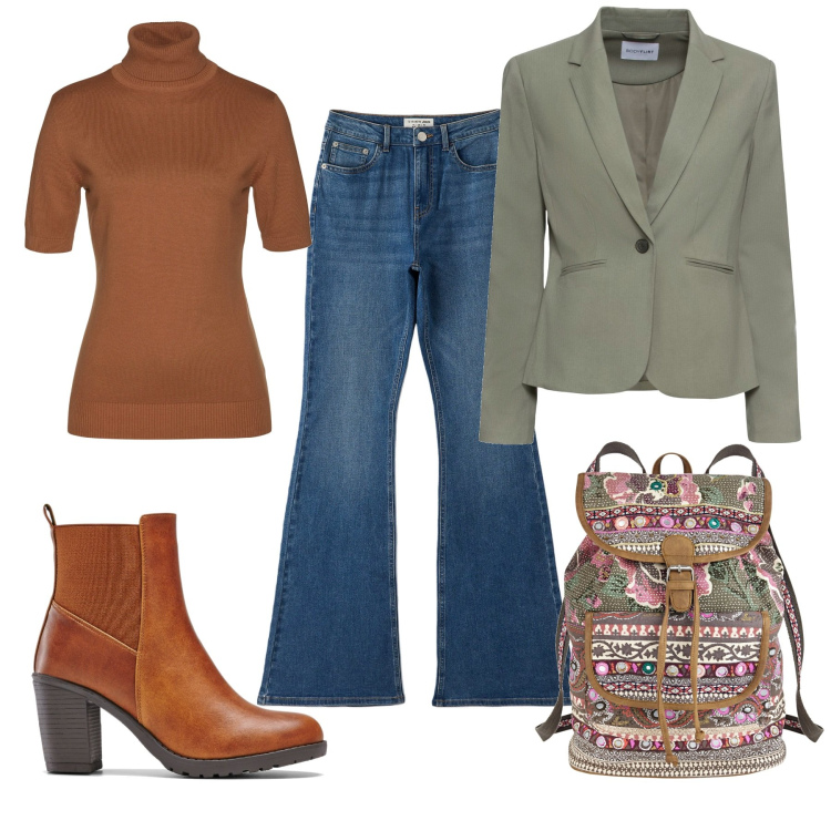Outfit donna - Autunno. Stile Boho per Tutti i giorni. Abbinamento con maglieria, blazer, zaini, stivaletti, jeans a zampa.