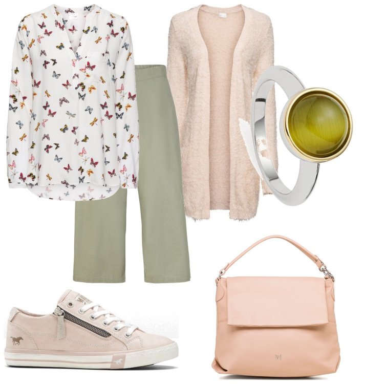 Outfit donna - Delicato connubio. Stile Casual per Tutti i giorni. Abbinamento con bluse, pantaloni culotte, cardigans, sneakers, borse a spalla, anelli.