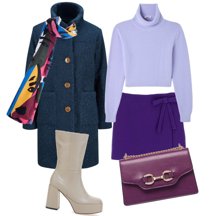 Outfit donna - Don\'t worry be happy. Stile Casual chic per Tutti i giorni. Abbinamento con cappotti, maglieria, foulard, minigonne, borse a tracolla, stivali.