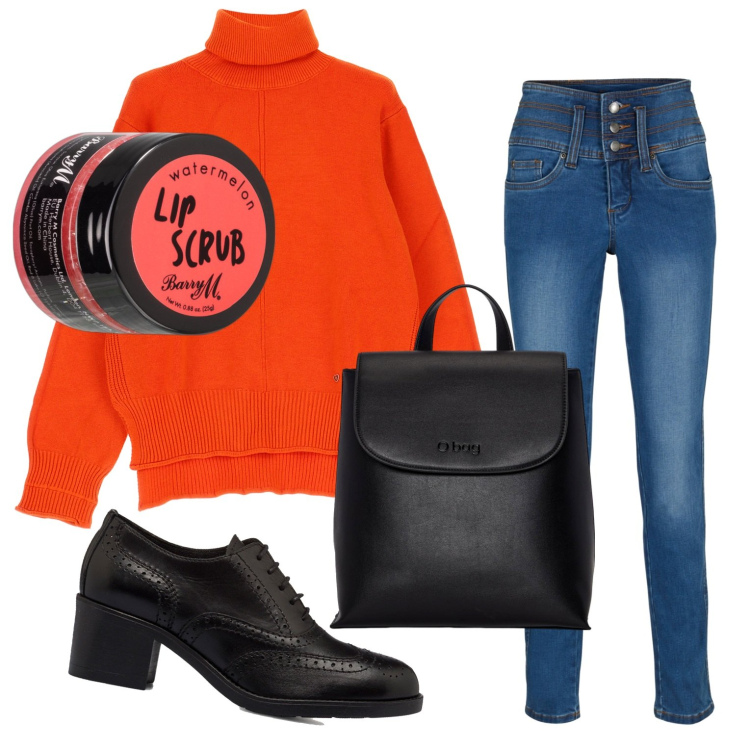 Outfit donna - Halloween a Londra. Stile Casual per Tutti i giorni. Abbinamento con jeans, matite labbra, maglieria, scarpe stringate, zaini.