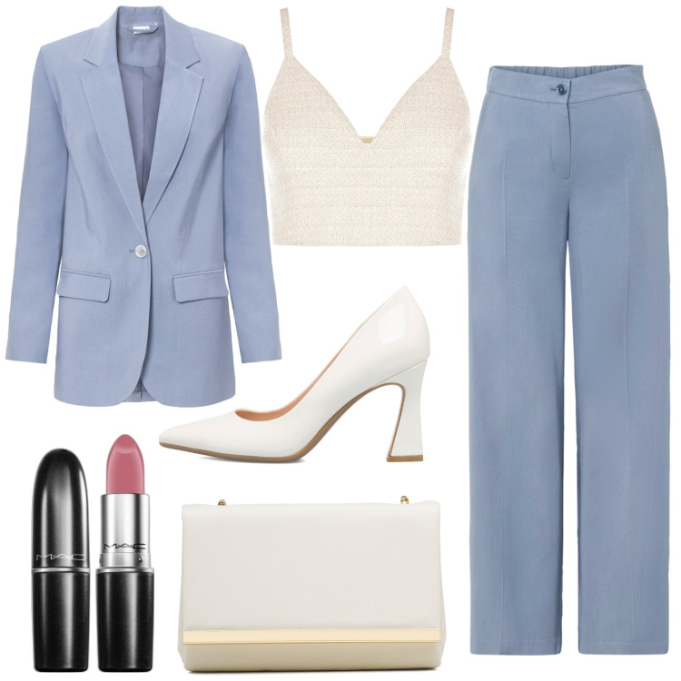 Outfit donna - Tailleur carta da zucchero. Stile Chic per Cerimonia. Abbinamento con pantaloni a palazzo, blazer, rossetti, top, décolleté, clutch.