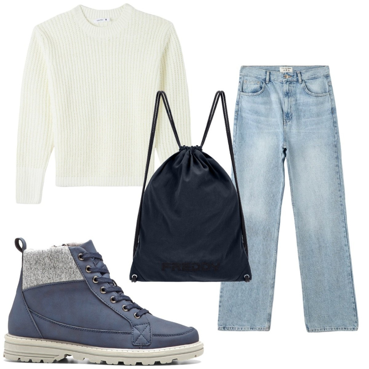 Outfit donna - Total look #1737763. Stile Basic per Scuola/Università. Abbinamento con stivaletti, jeans dritti, maglieria, zaini.