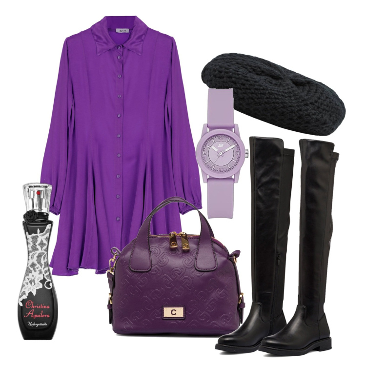 Outfit donna - Ghost outfitter - ottobre. Stile Trendy per Tutti i giorni. Abbinamento con profumi, cappelli e berretti, stivali sopra il ginocchio, borse a spalla, vestiti chemisier, orologi.