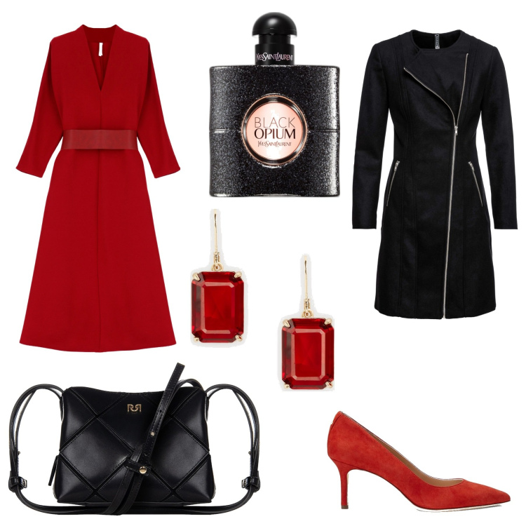 Outfit donna - Viaggio in Spagna. Stile Trendy per Serata fuori. Abbinamento con cappotti, profumi, borse a spalla, vestiti midi/longuette, décolleté, orecchini.