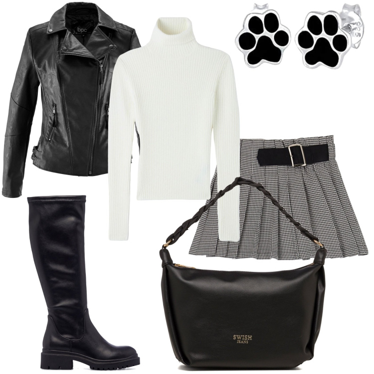 Outfit donna - La minigonna e giubbotto. Stile Trendy per Tutti i giorni. Abbinamento con blazer, minigonne, maglieria, borse a mano, stivali sopra il ginocchio, orecchini.