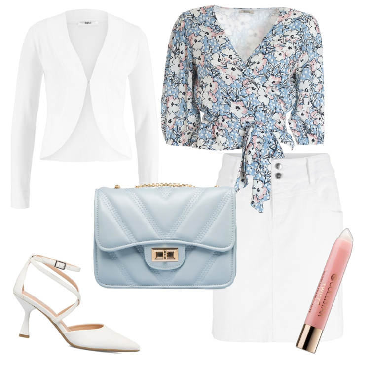 Outfit donna - Total look #1737850. Stile Bon Ton per Tutti i giorni. Abbinamento con blazer, minigonne, gloss, bluse, décolleté, borse a tracolla.