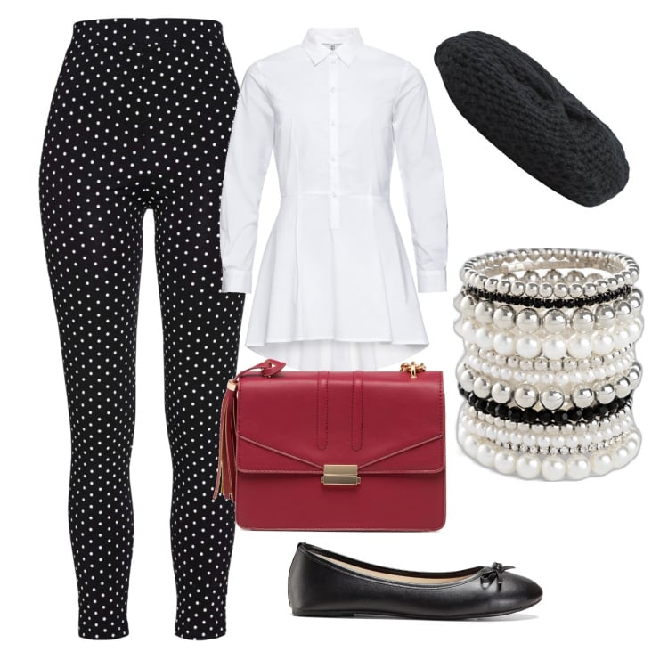 Outfit donna - Mon amour Paris. Stile Casual chic per Tutti i giorni. Abbinamento con braccialetti, camicie, ballerine, leggings, cappelli e berretti, borse a tracolla.