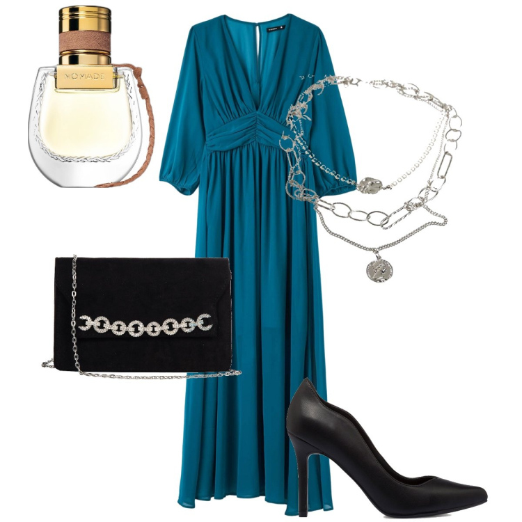 Outfit donna - Blu petrolio. Stile Chic per Cerimonia. Abbinamento con profumi, pochette, vestiti lunghi, décolleté, ciondoli.