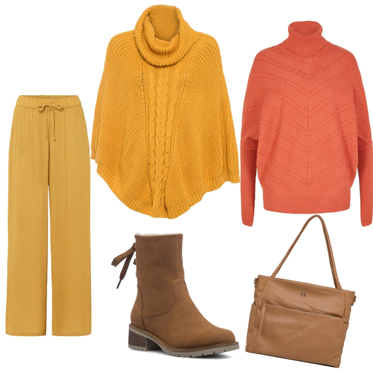 Outfit donna - Allegro autunno. Stile Basic per Tutti i giorni. Abbinamento con pantaloni, maglieria, cappotti, stivaletti, borse a tracolla.