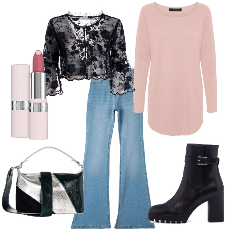 Outfit donna - Rosa cipria. Stile Casual chic per Ufficio. Abbinamento con rossetti, jeggings, borse a mano, blazer, pullovers, stivaletti.