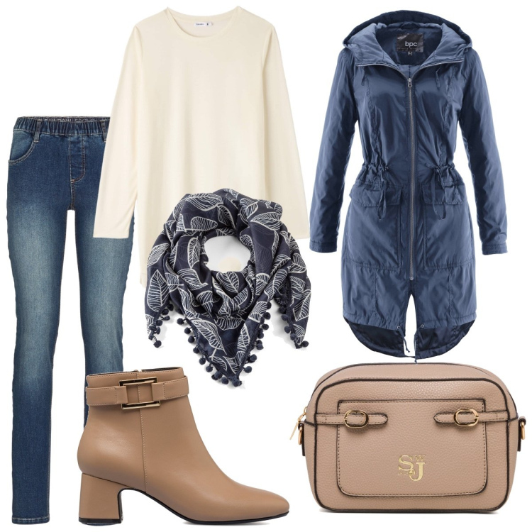 Outfit donna - Il tronchetto beige. Stile Casual per Tutti i giorni. Abbinamento con jeggings, cappotti, foulard, t-shirt, borse a tracolla, stivaletti.