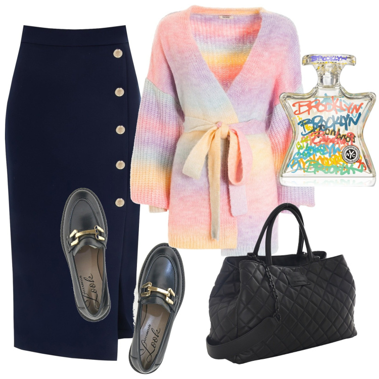 Outfit donna - Morbida e comoda in technicolor. Stile Trendy per Tutti i giorni. Abbinamento con profumi, gonne longuette, cardigans, mocassini, borse a mano.