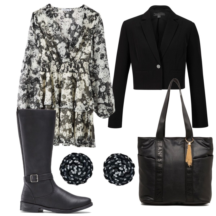 Outfit donna - Nero quasi total. Stile Casual per Tutti i giorni. Abbinamento con stivali, blazer, vestiti corti, borse a spalla, orecchini.