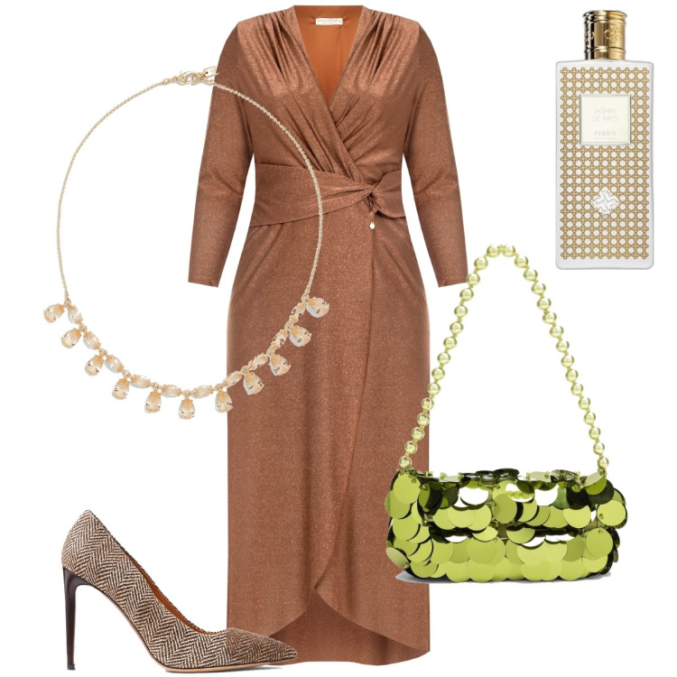 Outfit donna - La borsetta con paillettes. Stile Chic per Cerimonia. Abbinamento con profumi, vestiti lunghi, décolleté, collane, borse a mano.