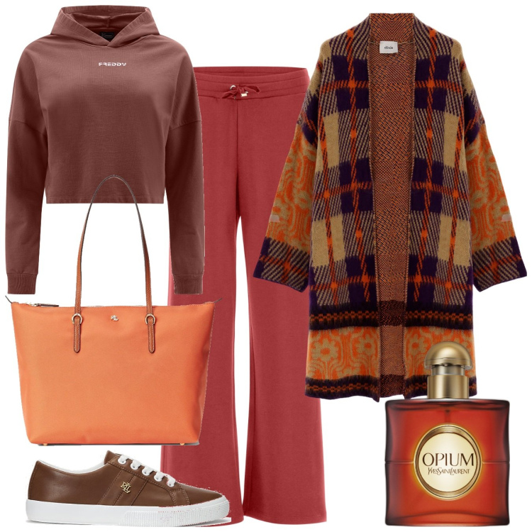 Outfit donna - Total look #1737904. Stile Casual per Tutti i giorni. Abbinamento con profumi, cappotti, pantaloni, felpe con cappuccio, borse tote, sneakers.
