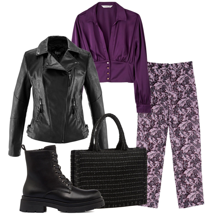 Outfit donna - Viola. Stile Casual per Tutti i giorni. Abbinamento con blazer, pantaloni, bluse, shopping bag, anfibi.