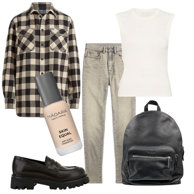 Outfit donna - Total look #1737926. Stile Mannish per Scuola/Università. Abbinamento con zaini, fondotinta, mocassini, jeans skinny, camicie, canottiere.