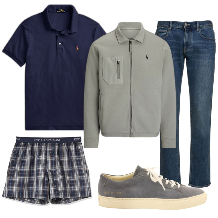 Outfit uomo - Total look #1737929. Stile Urban per Tutti i giorni. Abbinamento con sneakers, polo, giacche, boxer, jeans slim fit.