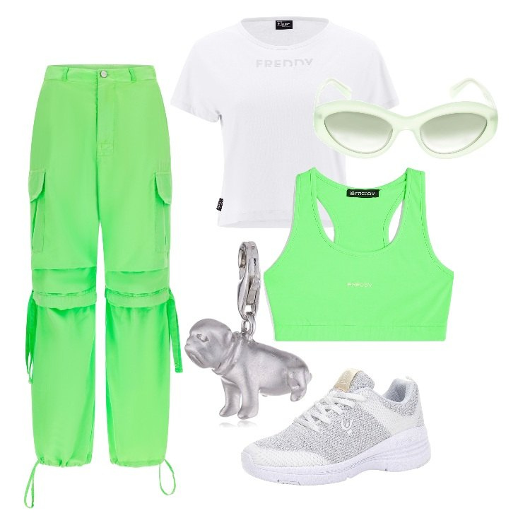 Outfit donna - Total look #1737974. Stile Urban per Tutti i giorni. Abbinamento con pantaloni cargo, scarpe sportive, t-shirt, top sportivi, ciondoli, occhiali da sole.