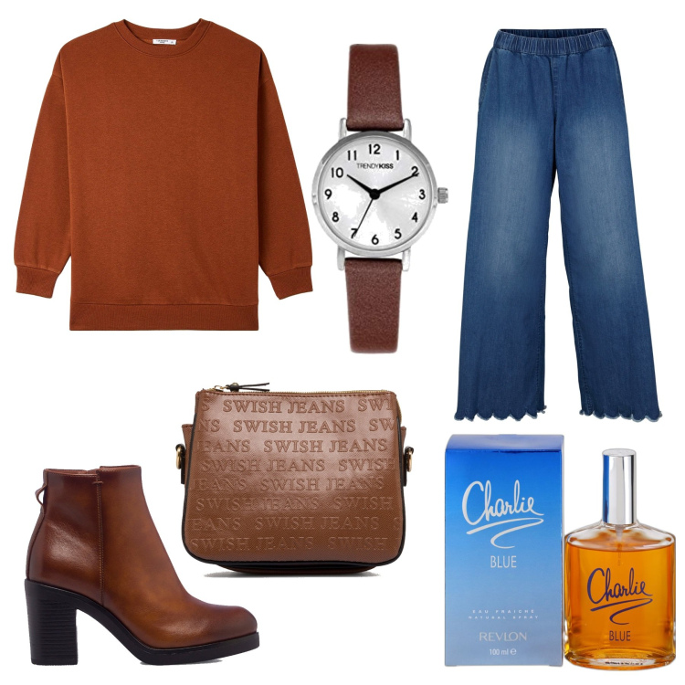 Outfit donna - Semplice e comodo. Stile Casual per Tutti i giorni. Abbinamento con jeans, profumi, felpe, stivaletti, borse a tracolla, orologi.