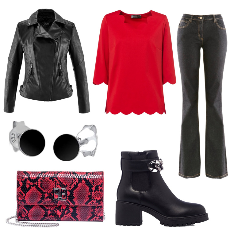 Outfit donna - Curvy rock. Stile Rock per Serata fuori. Abbinamento con blazer, maglieria, jeans bootcut, pochette, stivaletti, orecchini.