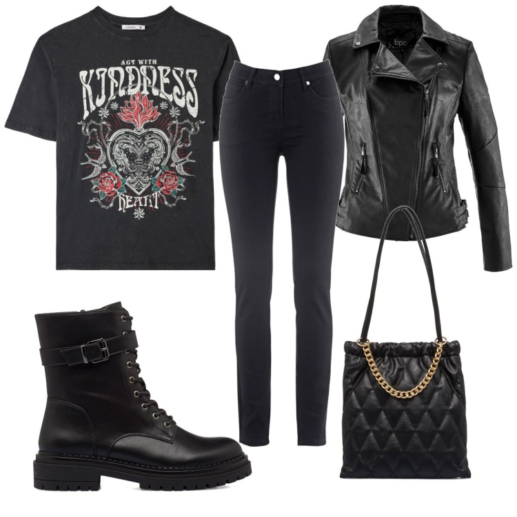 Outfit donna - Total look #1738046. Stile Rock per Tutti i giorni. Abbinamento con blazer, jeans dritti, t-shirt, borse a spalla, anfibi.