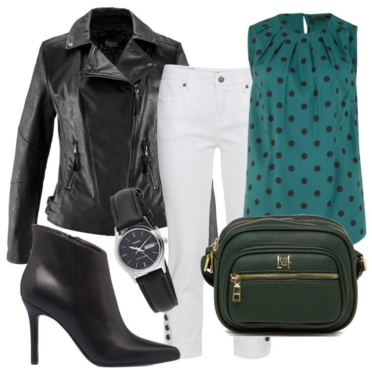 Outfit donna - Stivaletti e jeans. Stile Casual per Tutti i giorni. Abbinamento con blazer, top, jeans slim fit, stivaletti, borse a tracolla, orologi.