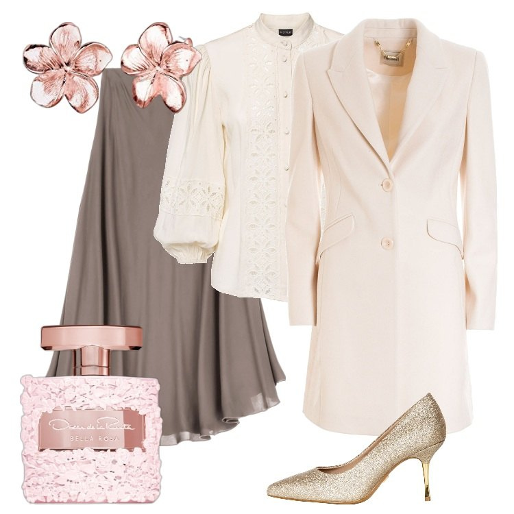 Outfit donna - Romantica. Stile Romantica per Cerimonia. Abbinamento con camicie, profumi, décolleté, cappotti, gonne longuette, orecchini.