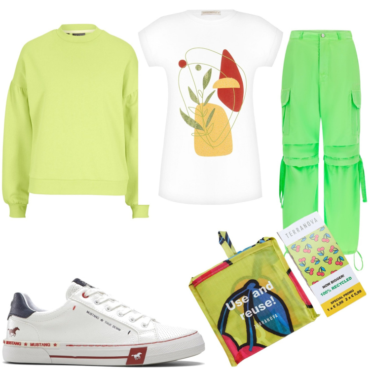 Outfit donna - Domenica in libertà. Stile Urban per Tutti i giorni. Abbinamento con sneakers, felpe, shopping bag, t-shirt, pantaloni cargo.