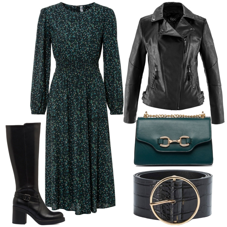 Outfit donna - Vestito lungo e chiodo. Stile Boho per Serata fuori. Abbinamento con vestiti midi/longuette, blazer, cinture, stivali sopra il ginocchio, borse a tracolla.