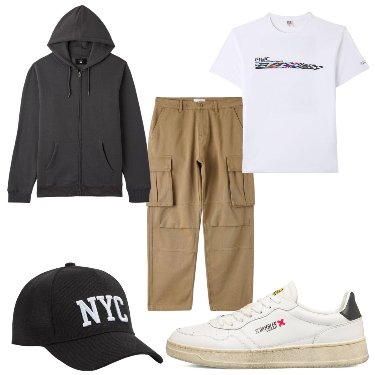 Outfit uomo - Total look #1738102. Stile Trendy per Tutti i giorni. Abbinamento con t-shirt, cappelli, felpe con cappuccio, pantaloni cargo, sneakers.