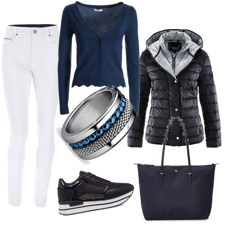 Outfit donna - Black and blue. Stile Basic per Tutti i giorni. look ideale per Petite. Abbinamento con piumini, cardigans, jeans, borse tote, sneakers, anelli.