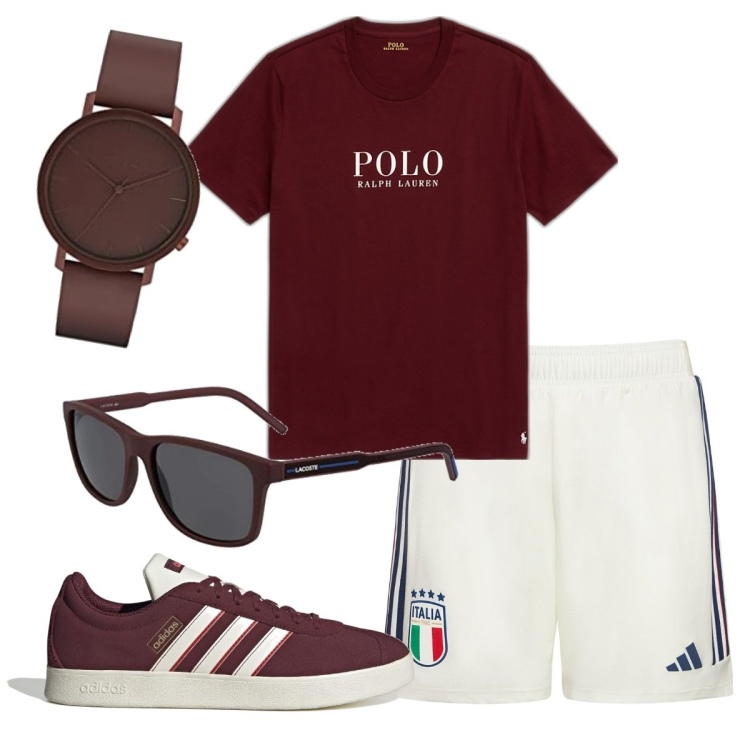 Outfit uomo - Passeggiata sul lungomare. Stile Casual per Mare. Abbinamento con t-shirt, sneakers, occhiali da sole, orologi, shorts.