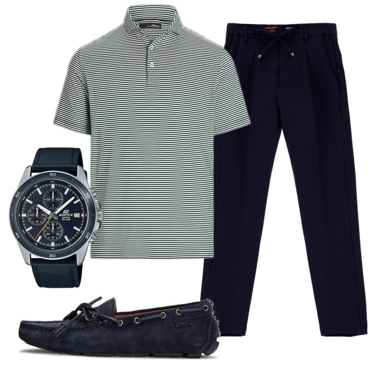 Outfit uomo - Polo a righine. Stile Casual per Ufficio. Abbinamento con pantaloni, scarpe stringate, polo, orologi.