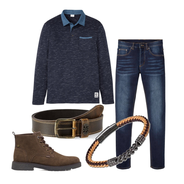 Outfit uomo - Ghost outfitter - ottobre. Stile Casual per Tutti i giorni. Abbinamento con polo, jeans slim fit, anfibi, braccialetti, cinture.