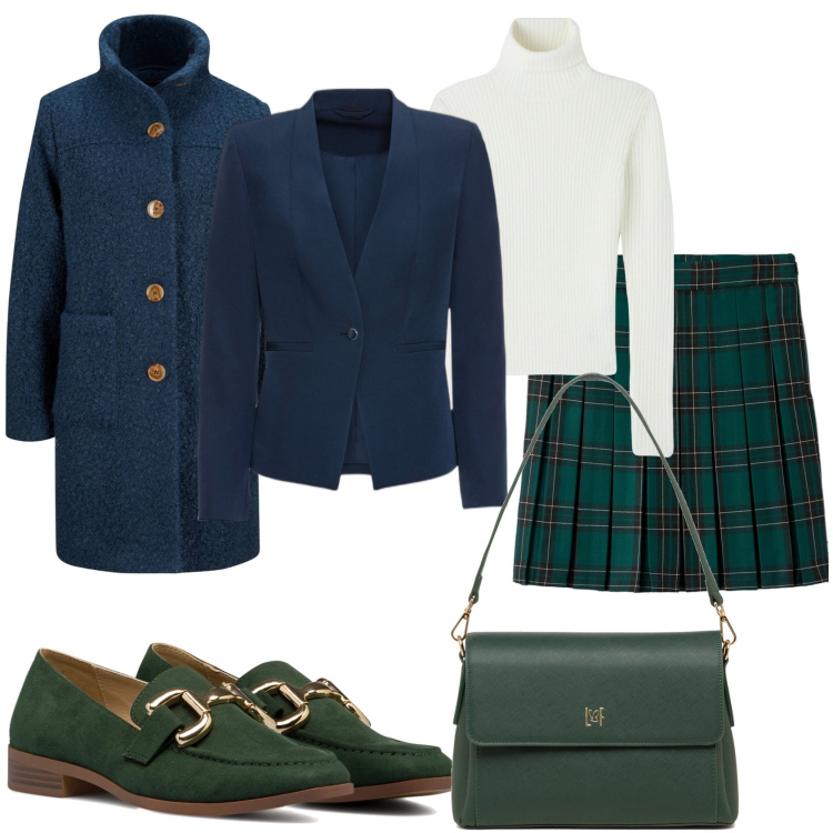 Outfit donna - Minigonna quadri stile collegio. Stile Trendy per Tutti i giorni. Abbinamento con cappotti, blazer, minigonne, maglieria, mocassini, borse a tracolla.