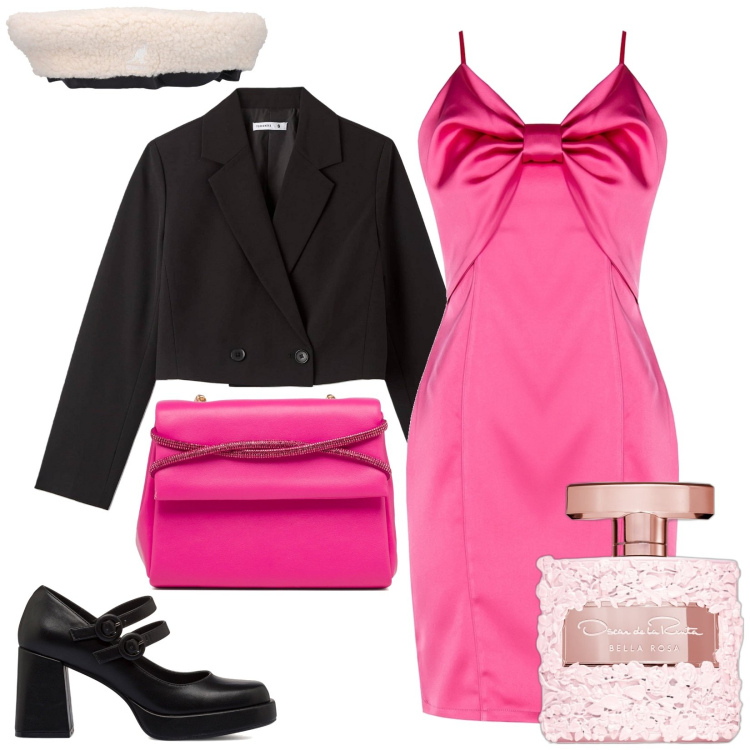 Outfit donna - Pink look. Stile Romantica per Serata fuori. Abbinamento con profumi, blazer, vestiti a tubino, décolleté, clutch, cappelli.