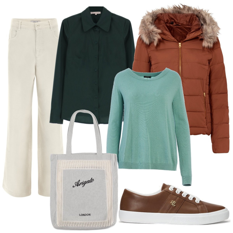 Outfit donna - Università in inverno. Stile Casual per Scuola/Università. Abbinamento con giacche, camicie, maglieria, jeans, sneakers, shopping bag.