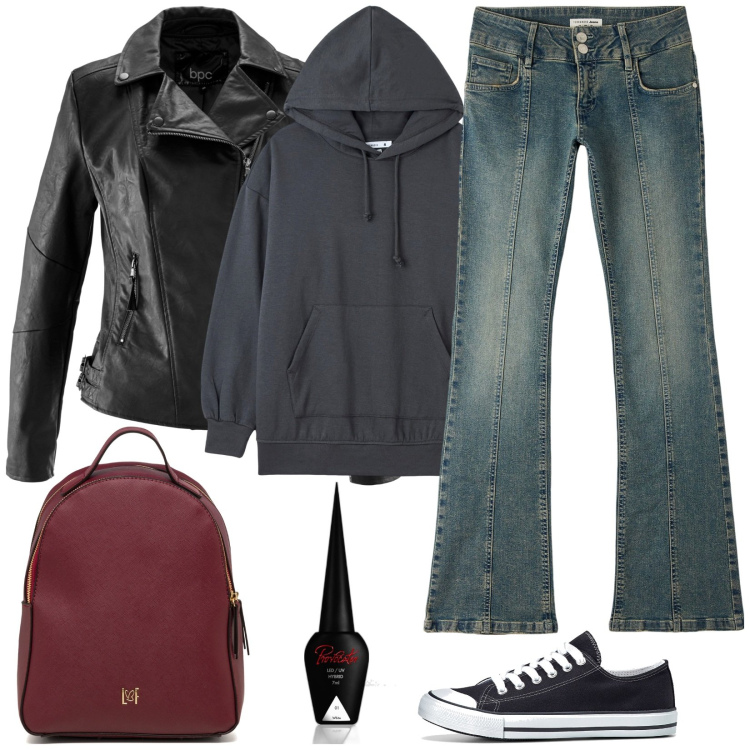 Outfit donna - Look Università. Stile Casual per Scuola/Università. Abbinamento con blazer, scarpe sportive, smalti, jeans a zampa, felpe con cappuccio, zaini.