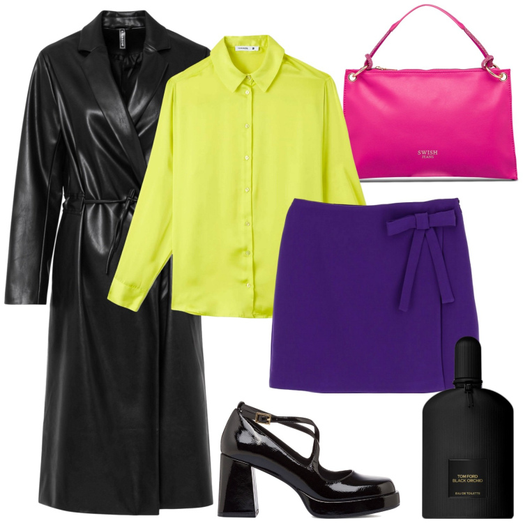 Outfit donna - Look colorato. Stile Casual chic per Tutti i giorni. Abbinamento con cappotti, profumi, camicie, décolleté, borse a mano, minigonne.