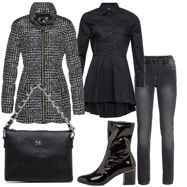 Outfit donna - Turista a Londra. Stile Trendy per Tutti i giorni. Abbinamento con camicie, jeggings, giacche, borse a tracolla, stivaletti.