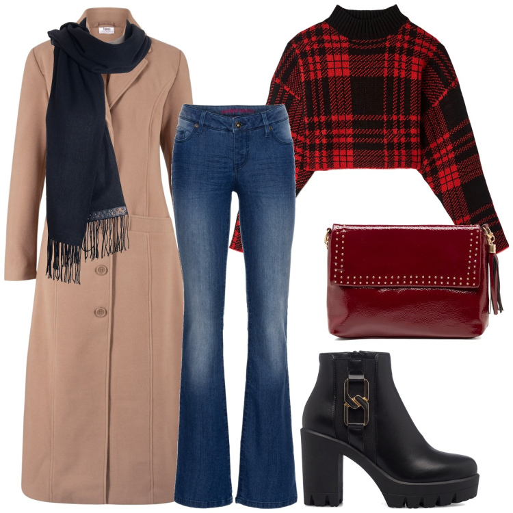 Outfit donna - Look casual. Stile Casual chic per Tutti i giorni. Abbinamento con jeans bootcut, cappotti, maglieria, sciarpe, stivaletti, borse a tracolla.